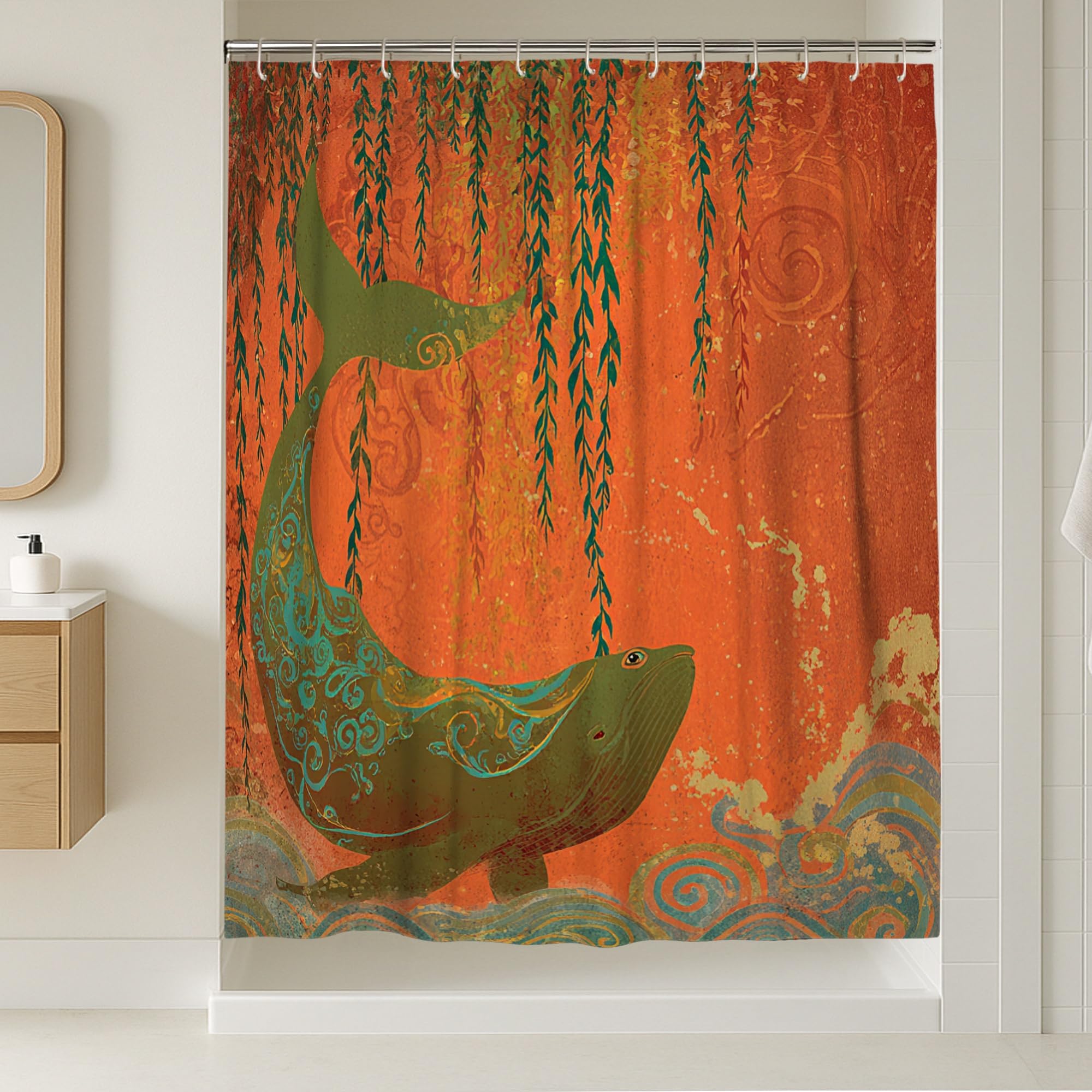 Rideau de douche extra long anti-éclaboussures en tissu orange pour grands espaces de bain