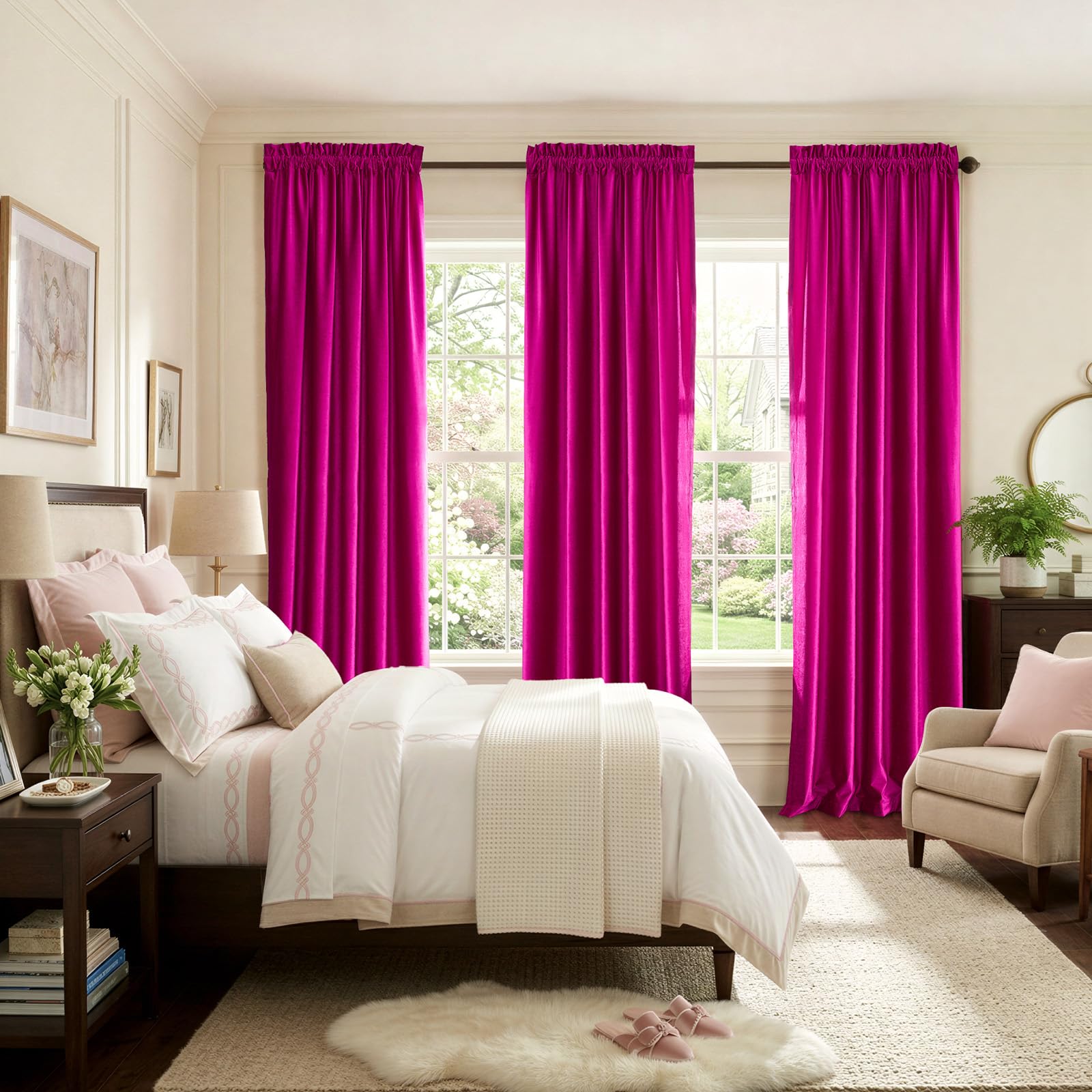 Samtvorhänge, 213,4 cm, für Wohnzimmer, luxuriös, verdunkelnder Vorhang, Fuchsia, elegant, Schlafzimmer, wärmeisoliert, modern, schwer, dick, weich, schalldicht, mit Stangentaschen, Fenstervorhänge