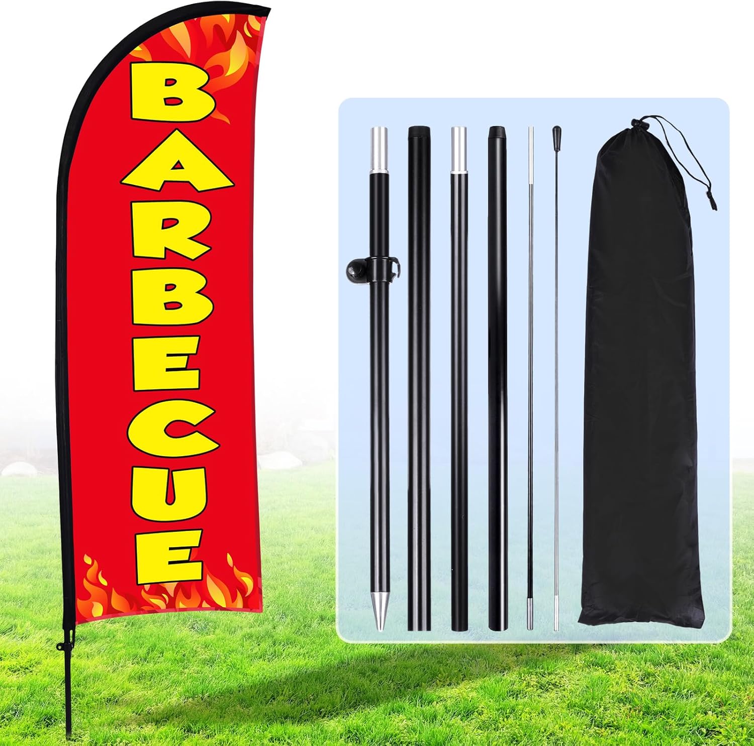 Buryeah Barbecue BBQ Flag Banner for Business Advertising 7 x 5.4 ft Feather Flag Sign with Flagpole Ground Stake Portable Bag Barbecue Signs Banner Set for Outdoor Ground(Black)