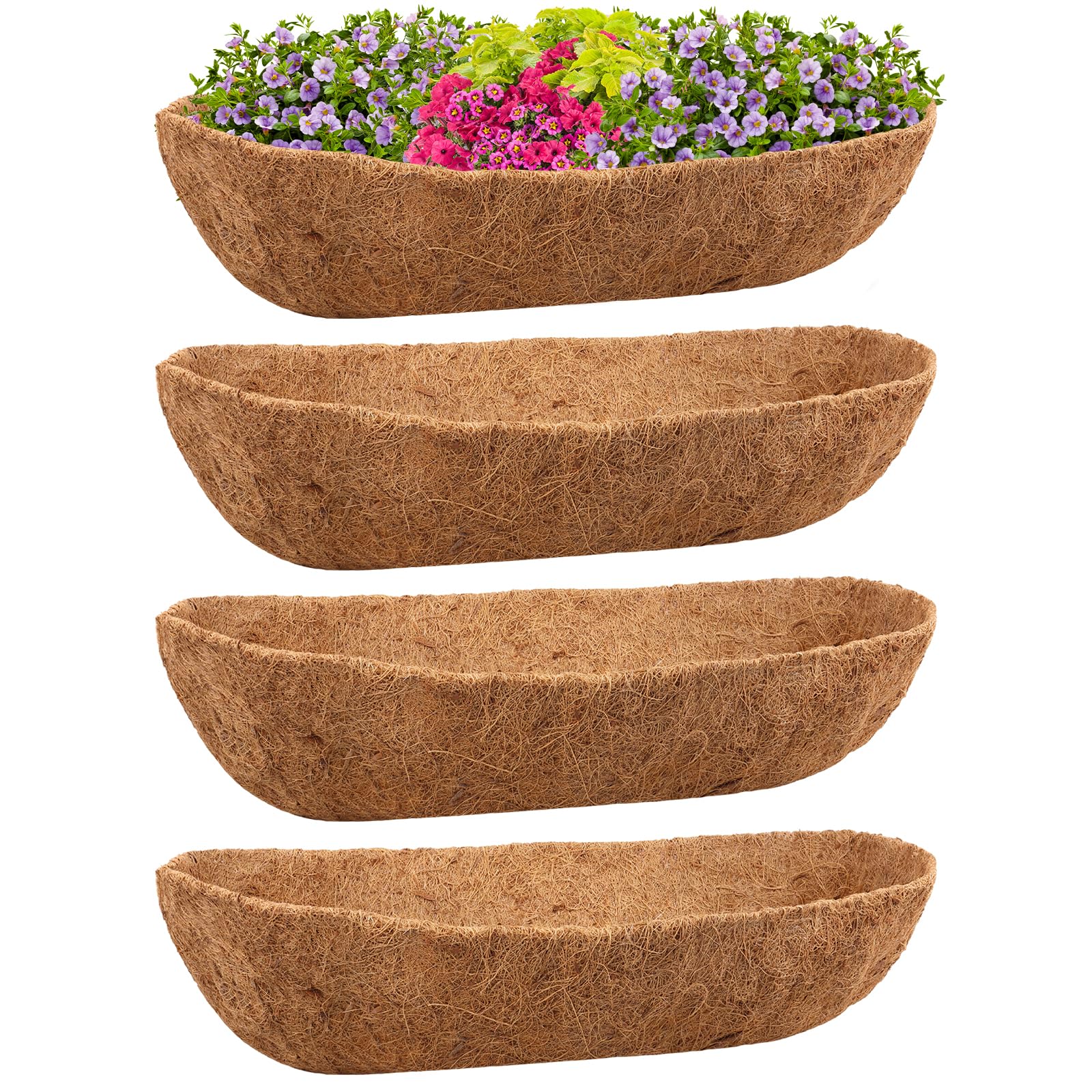 Riare 4 Pack 30 Inch Trough Coco Coir Liners for Planters, Pre-Formed Coconut Coir Replacement Liner Natural Coco Fiber Window Box Liners for Wall Planter, Window Basket Deck Railing Planter