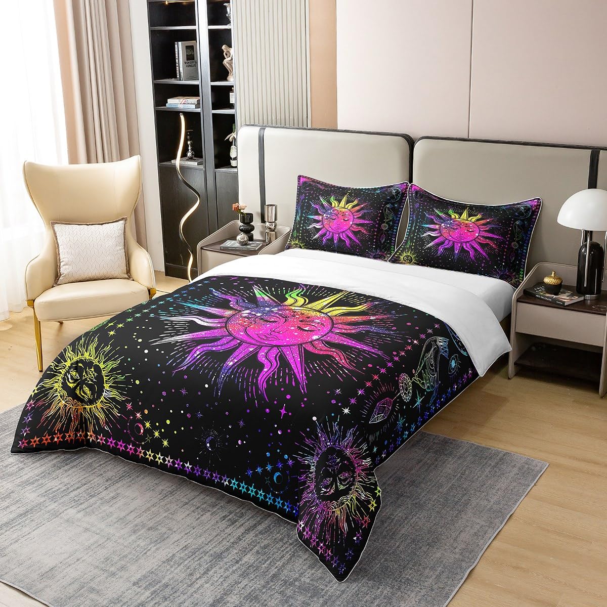 100% Cotton Boho Sun Moon Duvet Cover Double,Rainbow Tie Dye Picnic Bedding Set,Colorful Psychedelic Galaxy Comforter Cover,Starry Night Trippy Celestial Constellation Bed Sets with 1 Pillow Case - Image 3