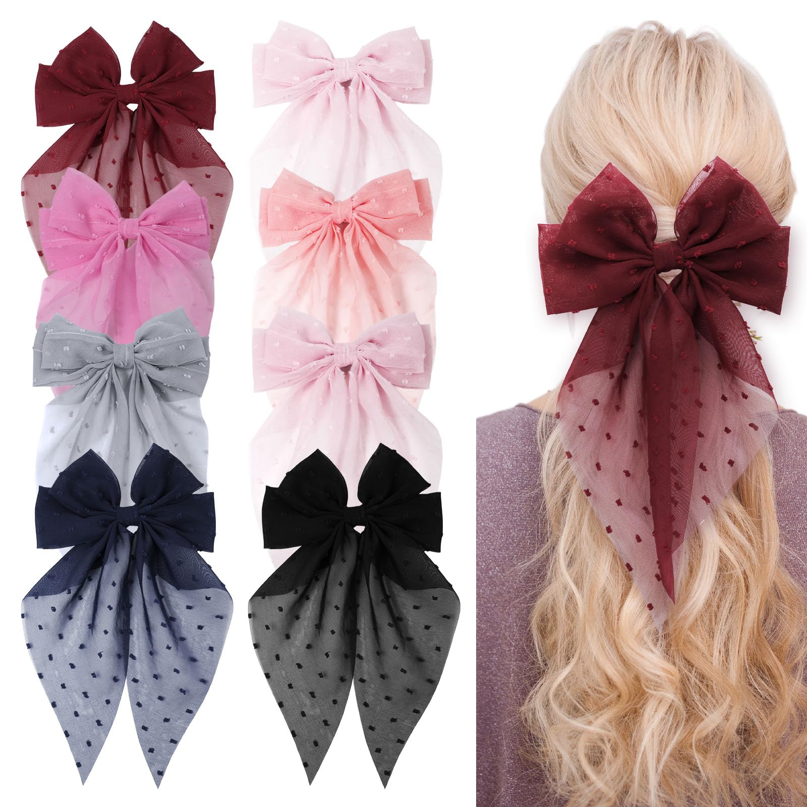 8Pcs Hair Bows for Women,Large French Bow Hair Clips Elegant Chiffon Bow Hair Accessories Delicate Hair Barrettes Set Birthday Gifts for Women (Red)