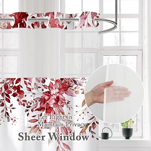 Miniatura 2 de Gibelle Juego de cortina de ducha sin gancho con forro de tela a presión para baño, cortina de ducha estilo hotel con hojas de eucalipto rojo