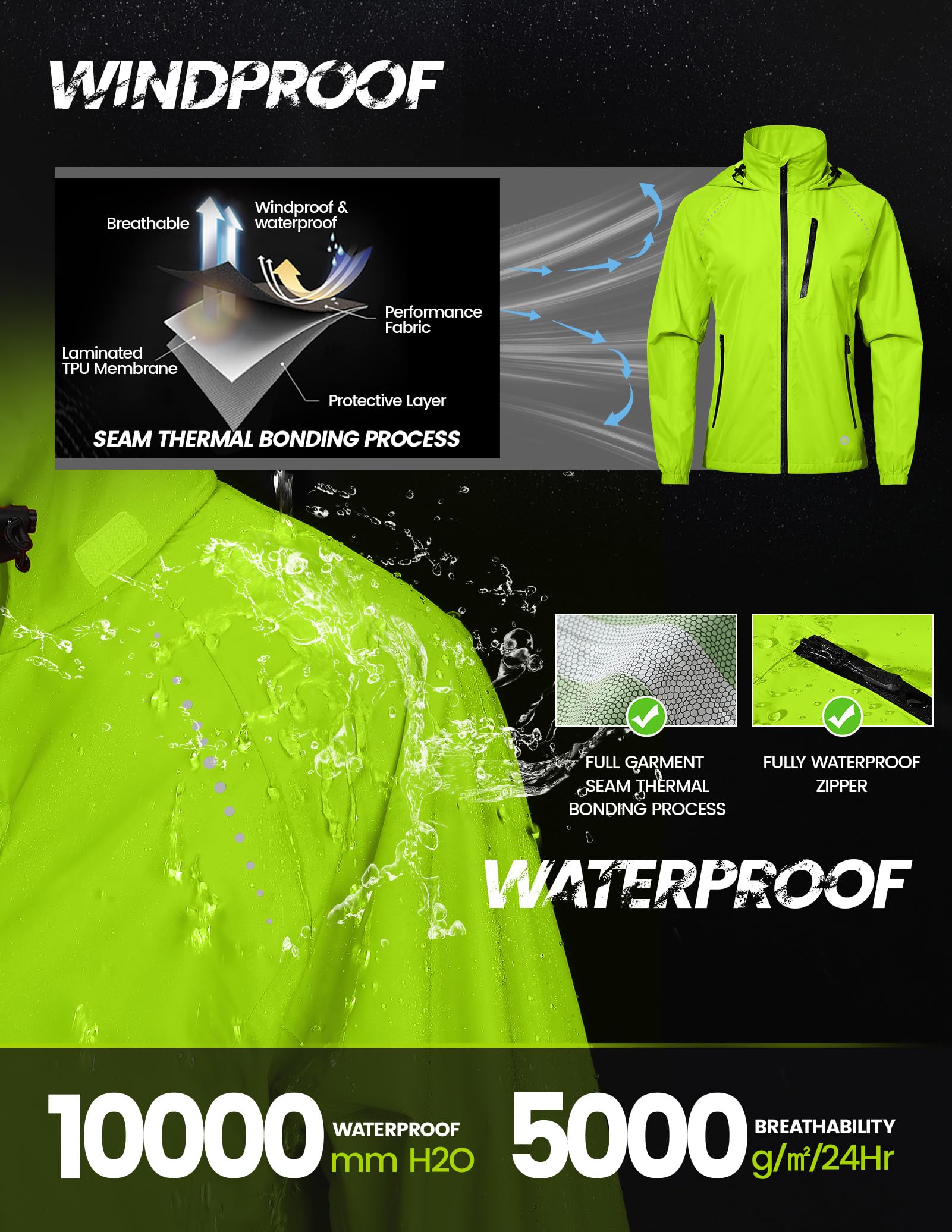 Nepest Fahrradjacke Wasserdicht Damen Regenjacke, 10k mm WassersäUle, 5.000 G/M²/24hr Atmungsaktiv Laufjacke, Leichte Faltbar Reflektierend Outdoorjacke mit 6 Taschen, für MTB Laufen Wandern