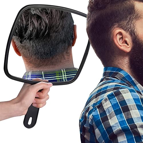 Hand Mirror, Large Handheld Mirror with Handle for Barber Haircut Salon, Shaving or Makeup, Hand Held Mirror for Vanity/Bathroom/Traval, Regular Non-Magnifying (Square Black 9" x 8")