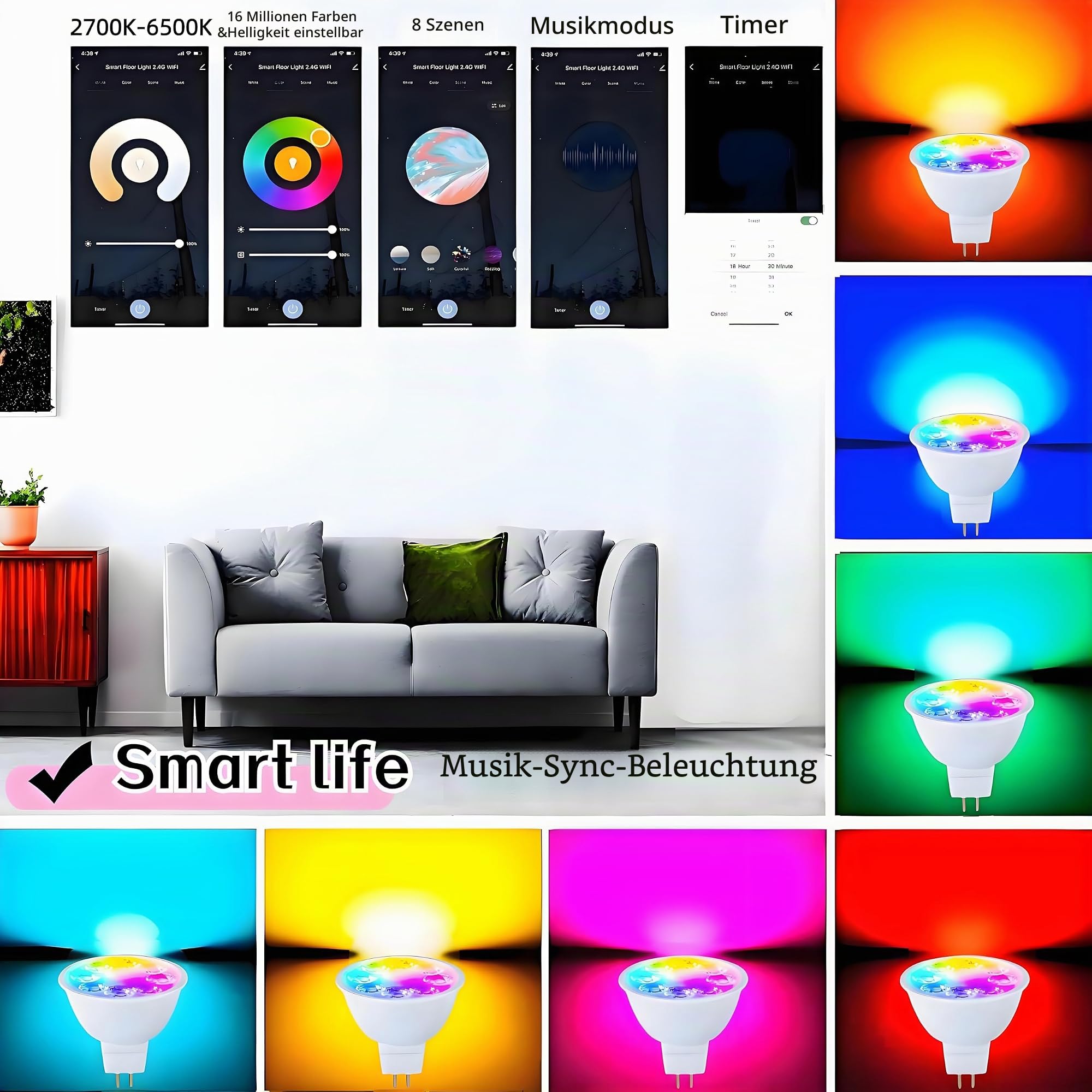Wixann MR16 GU5.3 LED Smart RGB Glühbirne,5W 12V 3000K weiches Warmweiß,GU5.3 Bi-Pin-Sockel,40 Grad Spotbeleuchtung für Landschaftsschienenlampen im Innen und Außenbereich (4Pack)