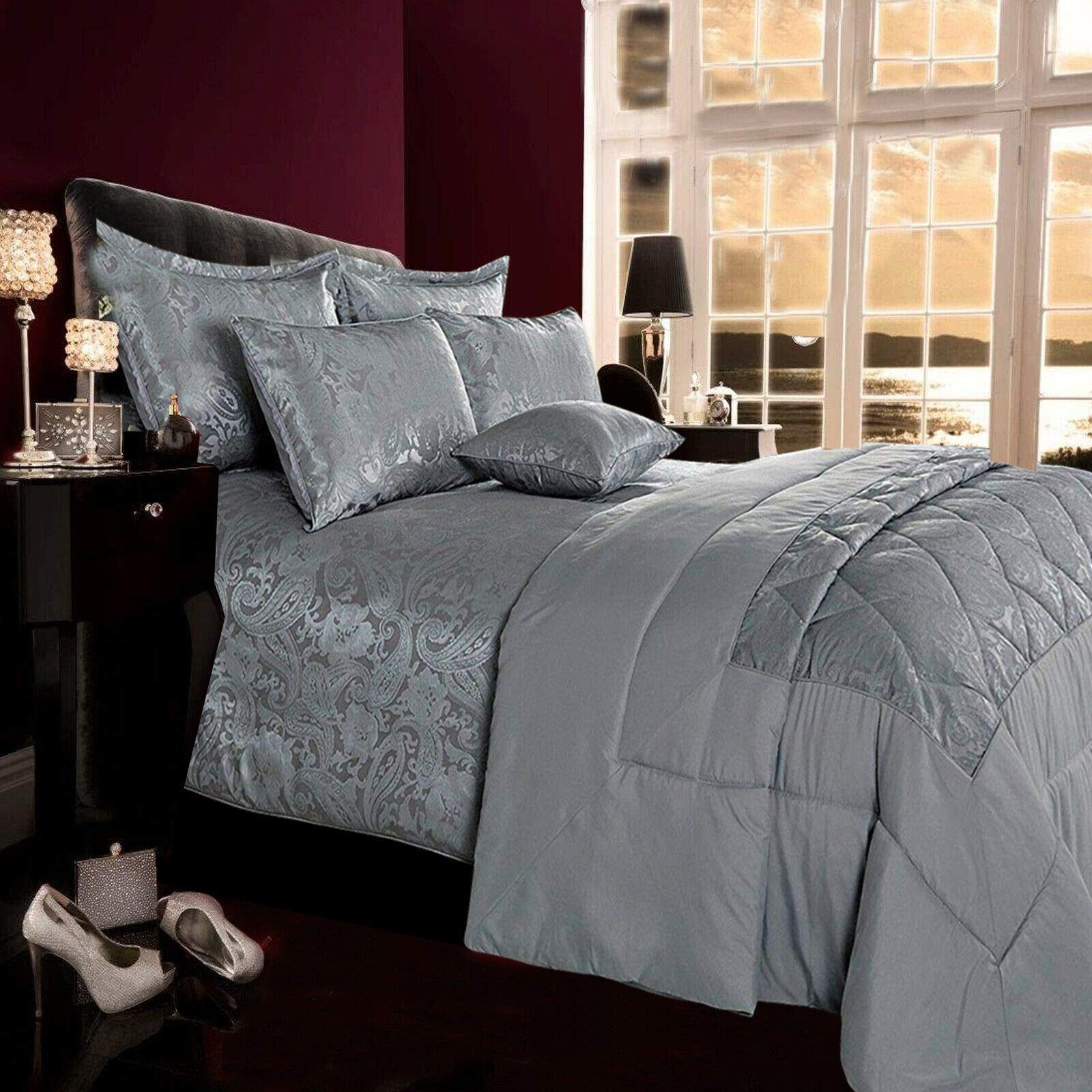 3 Piece Bed Set 1 Bedspread 2 Pillow Sham (Cleo/Silver, 3P/Bedspread/Double)