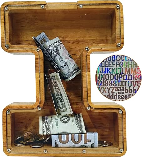 Miniatura 83 de Alcancía para niños y niñas, alcancía grande de madera personalizada con diseño recortado, bancos de monedas con letras del alfabeto, caja de ahorro