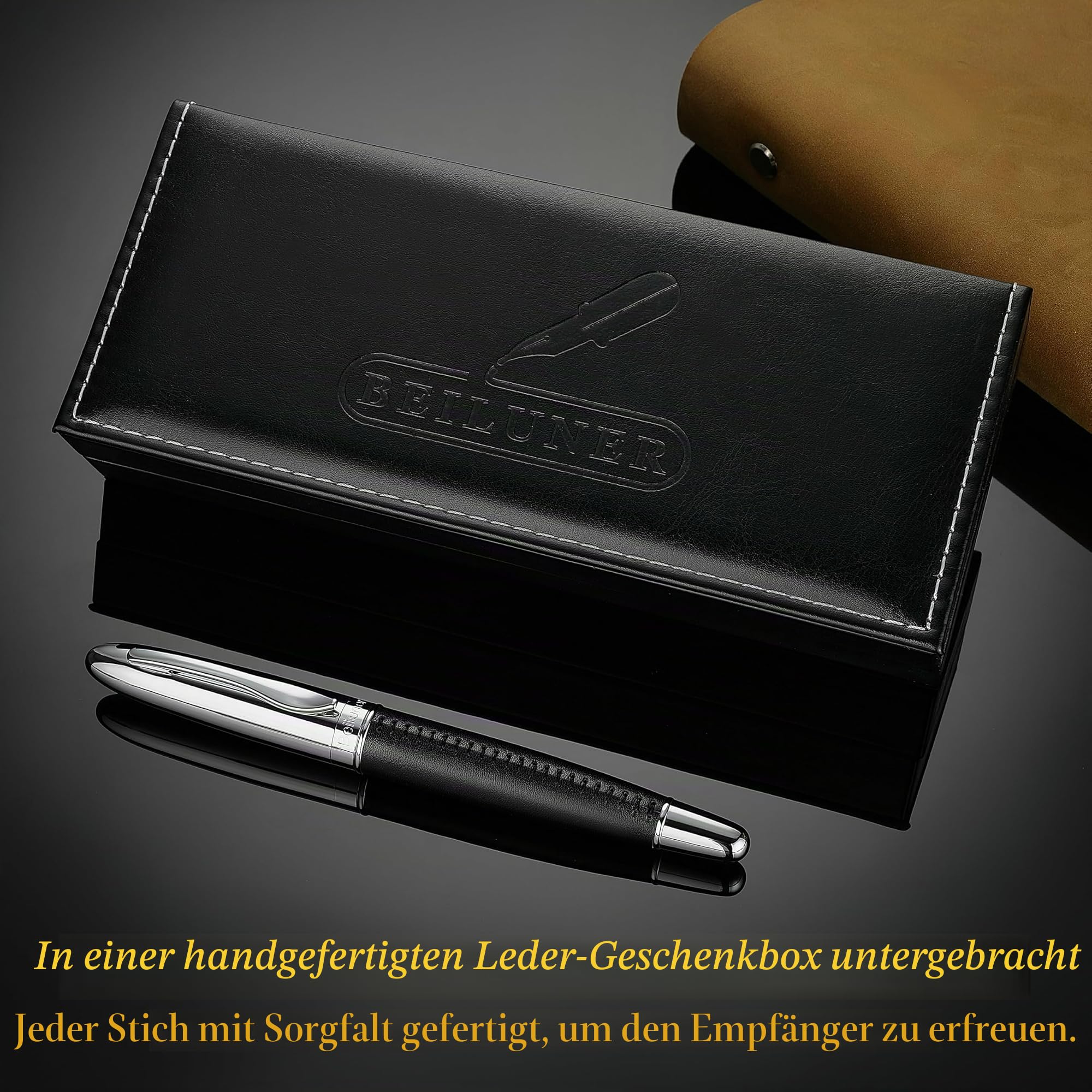 BEILUNER 318 Luxus Lederstift – handgenähtes Premium-Leder mit Chrom-Finish, Schmidt-Tintenmine, nachfüllbarer Rollerball für Damen & Herren, ideal als Geschenk für gehobene Schreibkultur