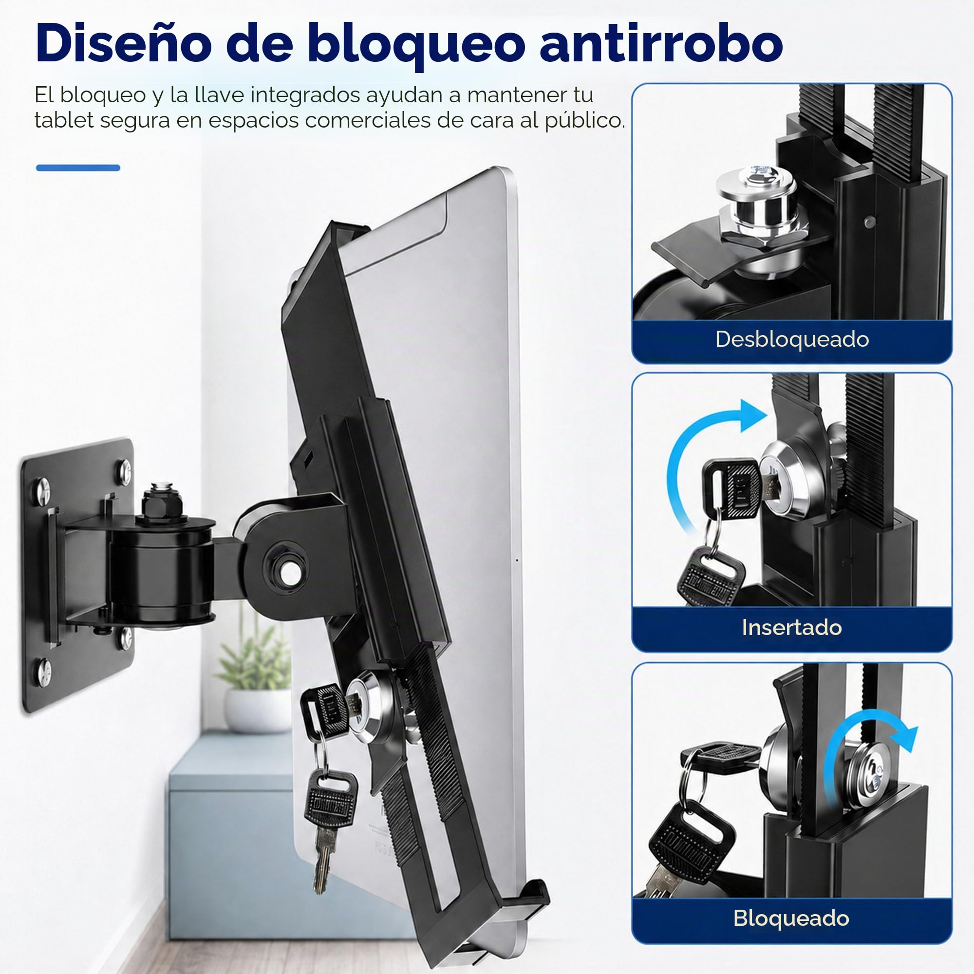 Keuvirya Soporte de pared para tableta, compatible con tabletas de 7 a 11 pulgadas, incluye cerradura de seguridad antirrobo y llave, soporte giratorio articulado para modo vertical y horizontal