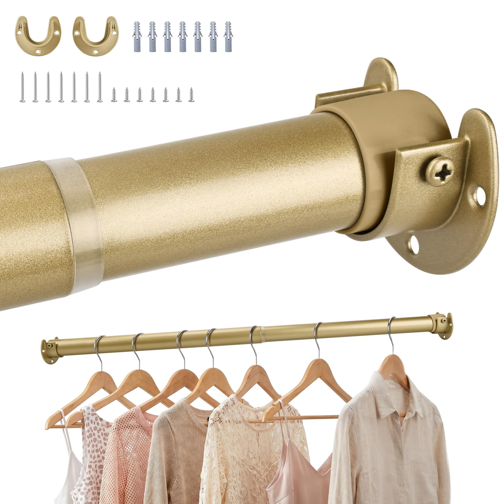 Wardrobe Rail,Extendable Clothes Rails, Stainless Steel adjustable wardrobe pole with Fixing Sockets and Screws for Wardrobe and Cupboard, Closet,Cloakroom, Gold, 43-100cm(Diameter 32mm)