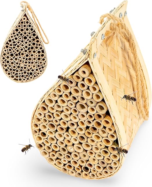 Made Easy Kit Bee House – Attracts Mason & Leafcutter Bees – Natural Bamboo Pollinator Habitat with Jute Rope – Hotel for Garden & Backyard – Eco-Friendly Insect Shelter (Honey Droplet, Large)