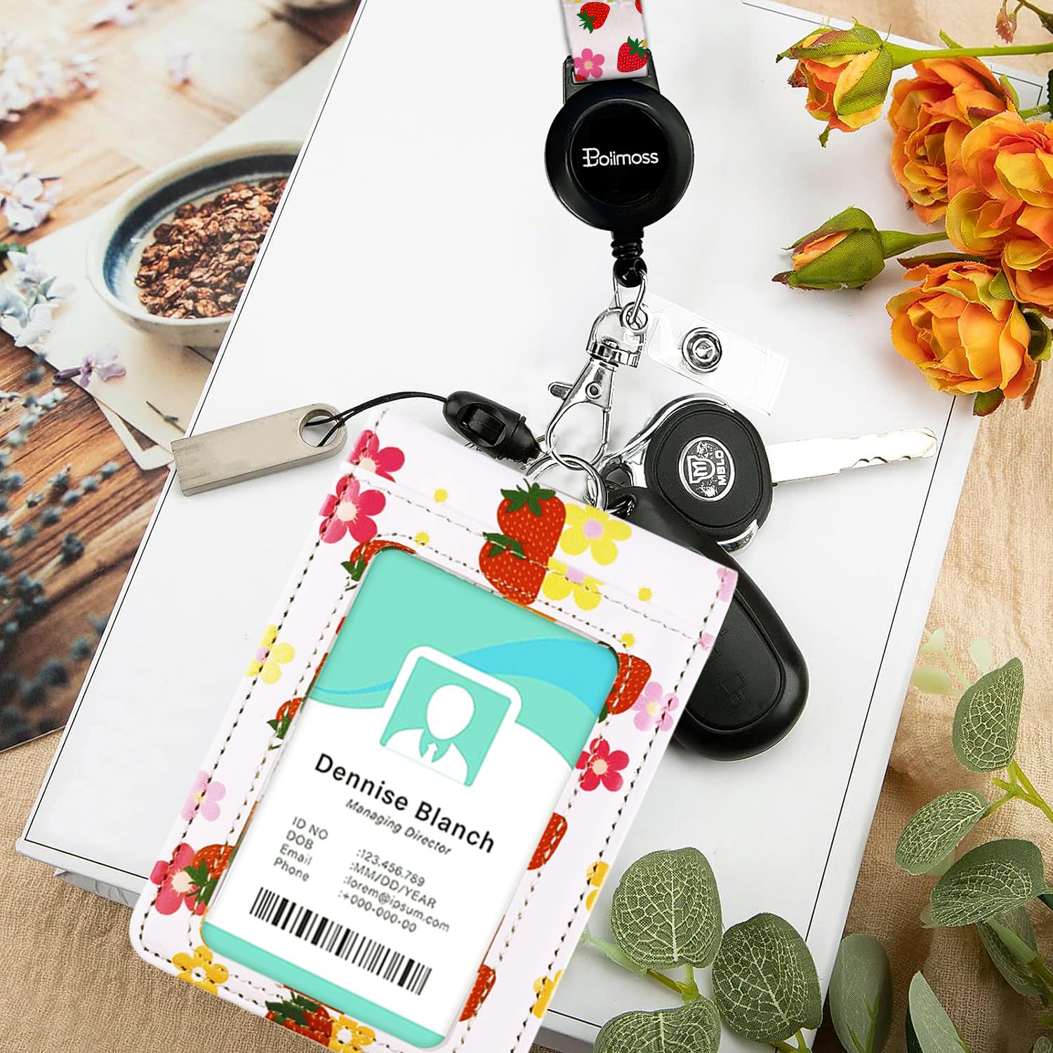 bolimoss Badge Holder with Clear Double-Sided Windows,Cute Strawberry Flower Leather ID Name Badge Holder with Adjustable Retractable Lanyards - Image 2