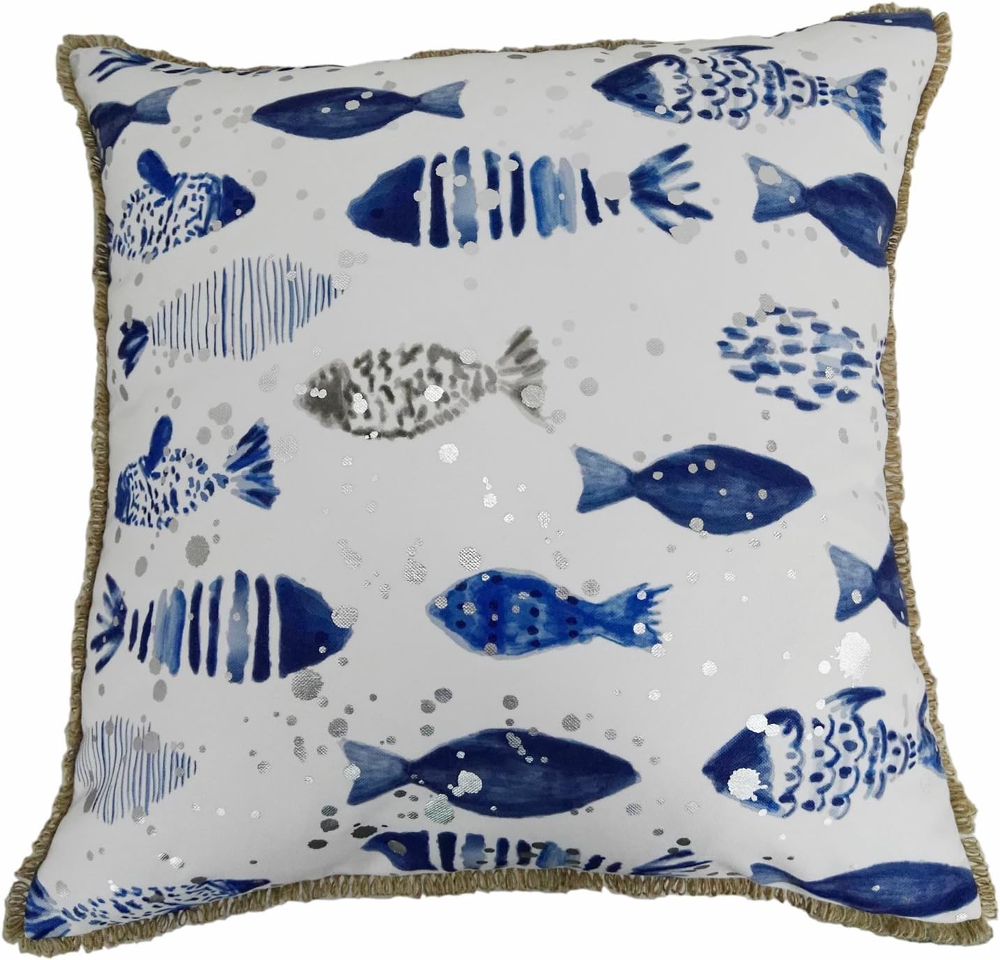 Watercolor Print Fish School Square Decorative Throw Pillow Case Cushion Cover, With Silver Splatter Dots, Jute Looped Fringe, 20"X20", 1PC (Indigo)