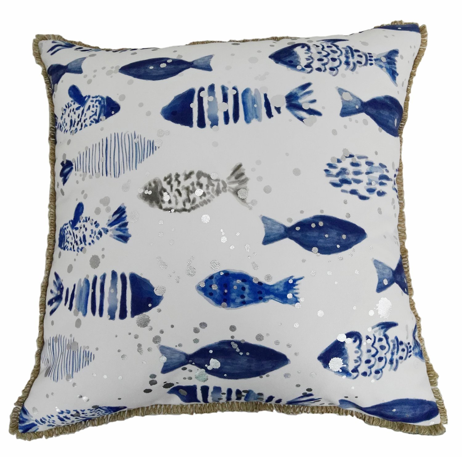 Watercolor Print Fish School Square Decorative Throw Pillow Case Cushion Cover, With Silver Splatter Dots, Jute Looped Fringe, 20"X20", 1PC (Indigo)