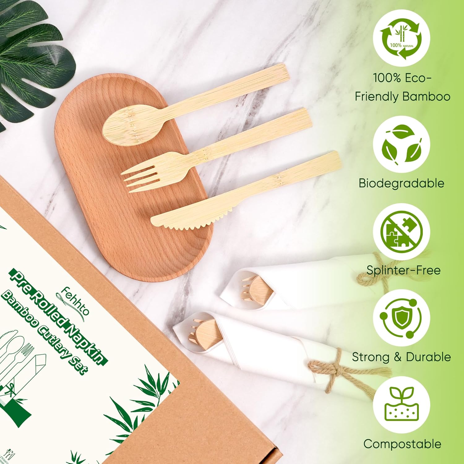 Pre Rolled Napkin and Bamboo Cutlery Set, Compostable Utensils Disposable Cutlery for Party, Wedding, BBQ, Camping, Events-50 Pack (Forks, Knives, Spoons, Rolled Napkins)