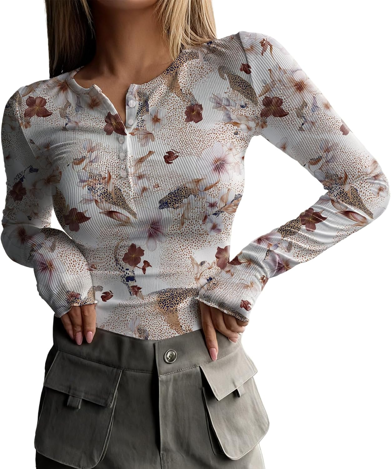 Long Sleeve Shirts for Women Trendy Y2k Print Henley Tops Slim Fit Ribbed Knit Layering Fashion Tees