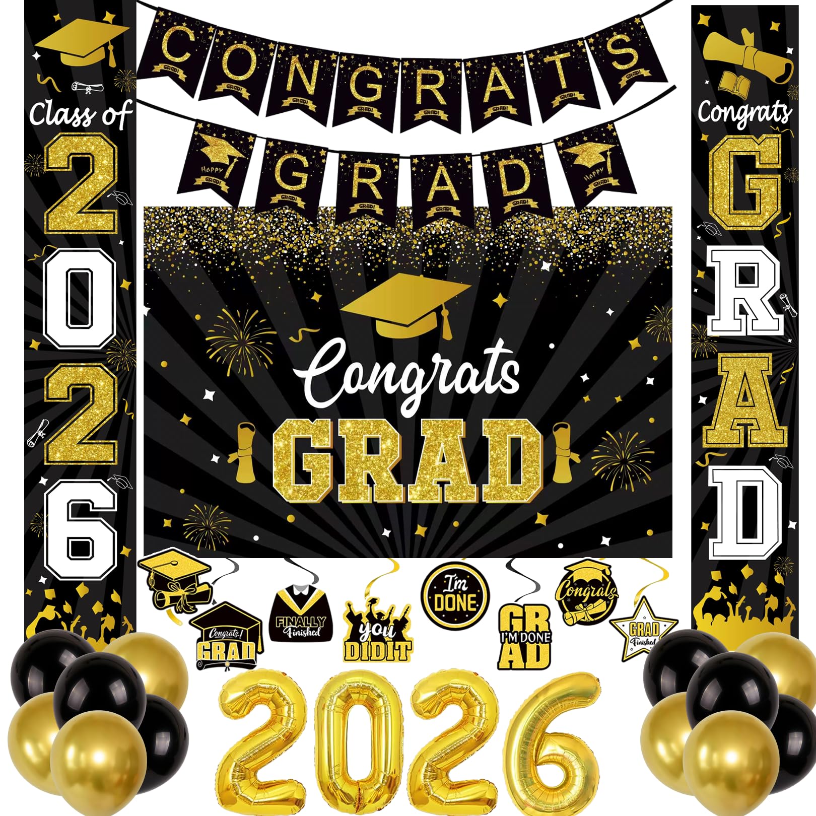 Flankor Graduation Party Decorations Kit - Congrats Grad 2026 Banner Backdrop with Hanging Swirls, 2026 Balloon for Graduation Party Supplies Decorations