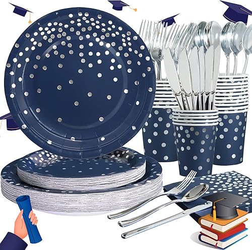 Gudvilla Juego de 168 platos de papel azul marino con puntos plateados para 24 invitados, platos de fiesta, tazas y servilletas para cumpleaños,