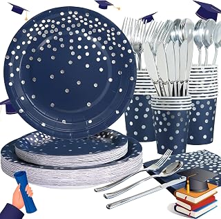 Blue and Silver Party Decorations, 168Pcs Blue Plates and Napkins Party Supplies, Navy Blue Birthday Plates Serve 24, for Fathers Day Graduation Decorations