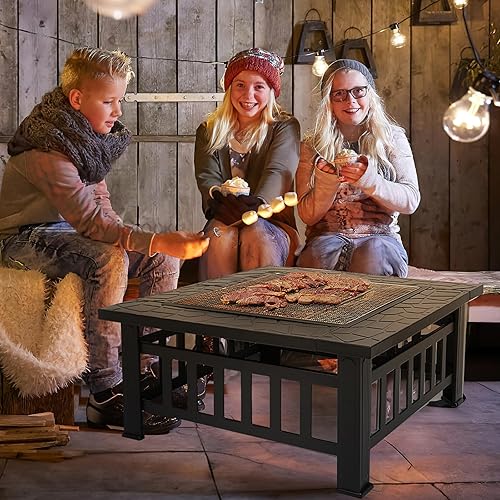 Miniatura 2 de Mesa multifuncional para hoguera, 32 pulgadas, cuadrada, de metal, para patio, campo, jardín, playa para parrilla, campamento, calefacción al aire