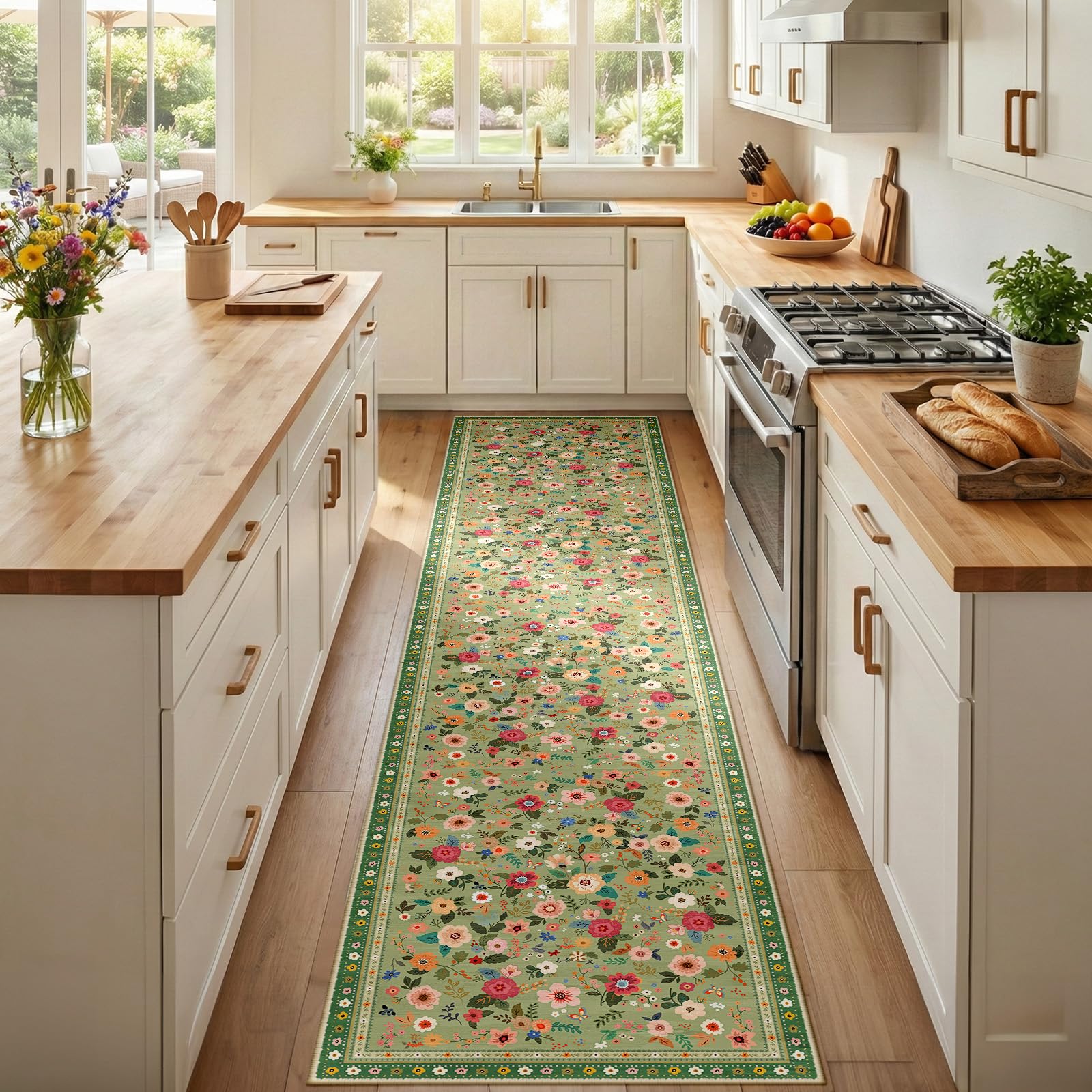 INOVADAY Machine Washable Rug 60x300 cm Non-Slip Low Pile Floral Print Runner Area Rug for Hallway Kitchen Entryway Bedside Living Room Bedroom Light Green