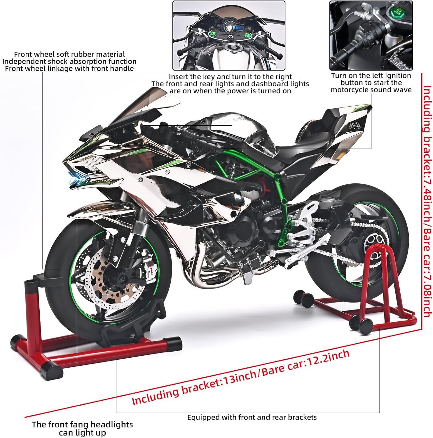 RZAPE Die Cast Motorcycle 1:6 Scale for Kawasaki H2R Motorcycle Alloy Racing Motorcycles Model Power Kawasaki Ninja H2R Toy Motorcycles Collection H2R Kawasaki Model Motorcycles（Silver）