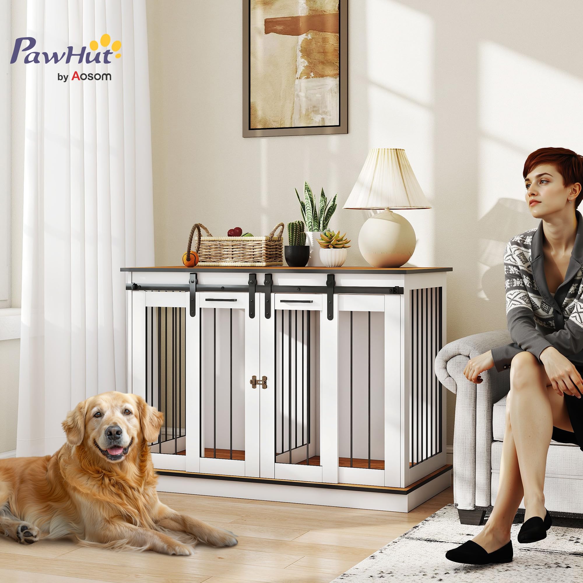 PawHut Hundekäfig Möbel mit Zweiraum-Option, 2 Türen Moderne Metall Hundebox für Zuhause Indoor Hundehütte für große Hunde bis zu 30 kg Hundehaus 120 x 60 x 88,5 cm Weiß