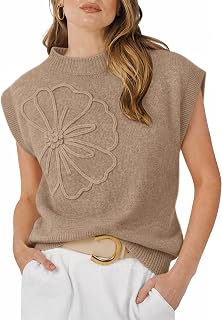 IWD Cap Sleeve Sweater Vest for Women 3D Floral Sleeveless Knit Tops Womens Crew Neck Pullover Flower Short Sleeves