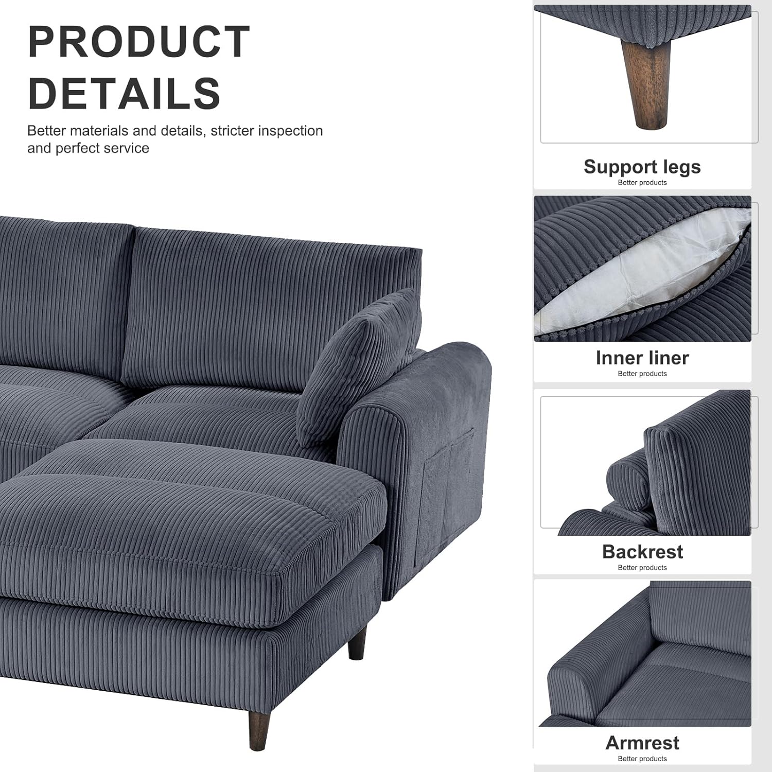 Free Combination Convertible Modular Sectional Sofa with Movable Ottoman, L Shaped Reversible Sleeper Corner Couch with Solid Wood Legs, Corduroy Upholstered Sofa Couches