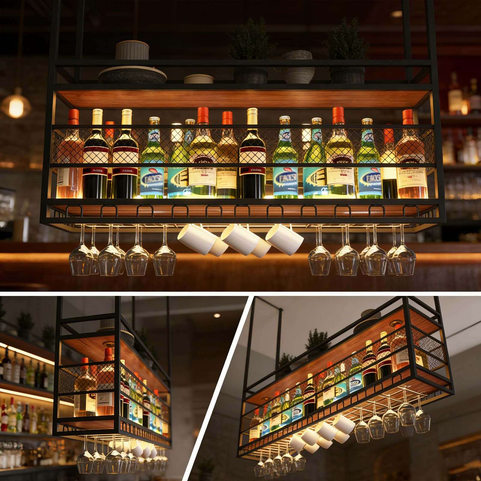 Deckenregal Weinregal, Hängendes Weinglasregal aus Metall, 2-stufiges Bar-Display Weinlagerhalter, für Bar Restaurant Cafe Küche (Schwarz, 120cm)