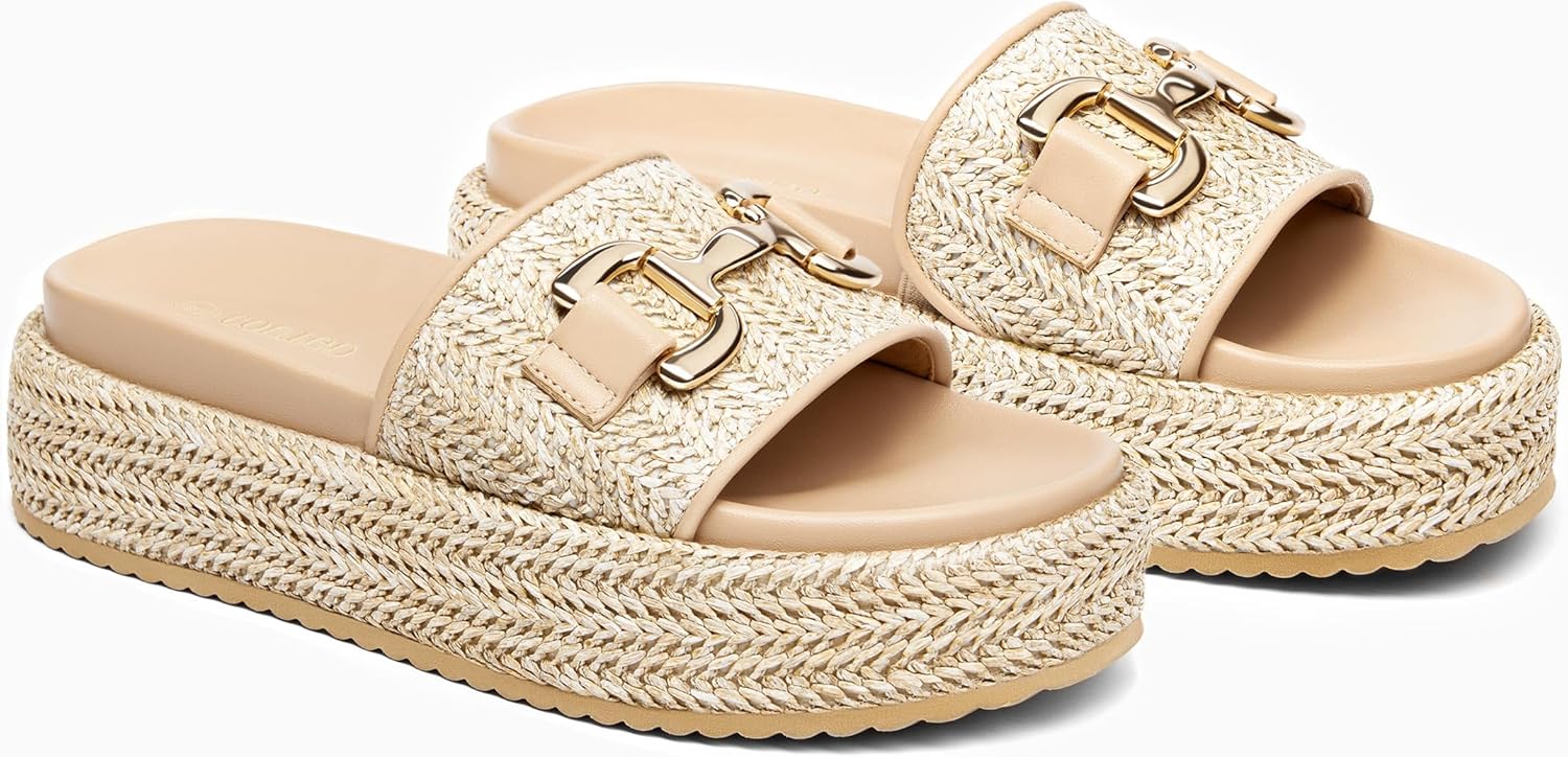 Coutgo Womens Platform Sandals Raffia Espadrilles Metal Chain Slip on Open Toe Cute Beach Slide Sandals - Image 3