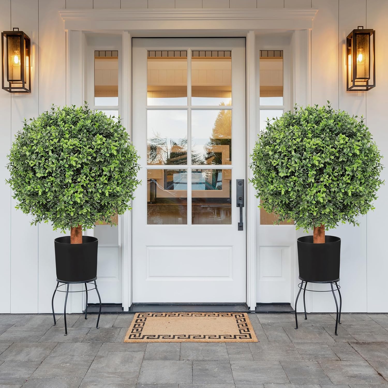 26" Artificial Boxwood Topiary Trees - 19.7" W Large Faux Plants Outdoor for Front Porch Decor, UV-Resistant Potted Shrubs with LED Lights, Realistic Fake Greenery Balls for Patio Entrance, Set of 2 - Image 3