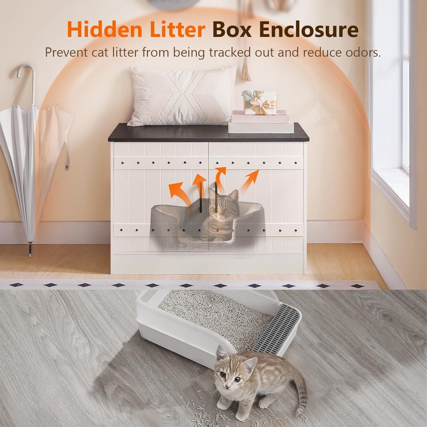Cat Litter Box Enclosure, Hidden Litter Box Furniture with 2 Entrances, Wooden Cat Washroom, Farmhouse Indoor Cats House, End Table, 31.5" L x 19.7" W x 21.7" H, White and Black CWBB3101
