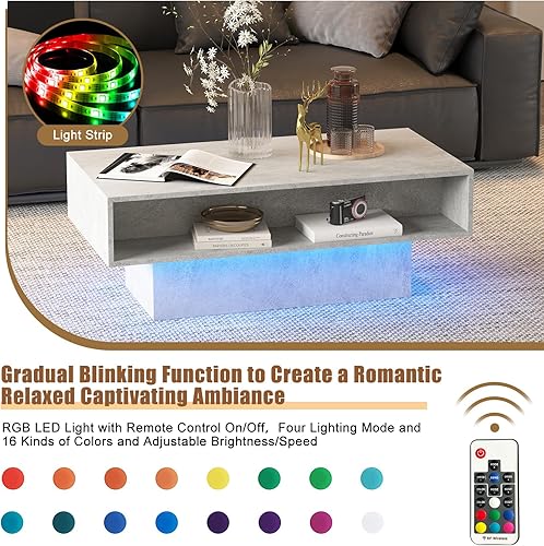 Miniatura 3 de Mesa de centro LED con 2 cajones de almacenamiento para sala de estar, mesa central moderna de cóctel, mesas de té, mesa de centro rectangular de