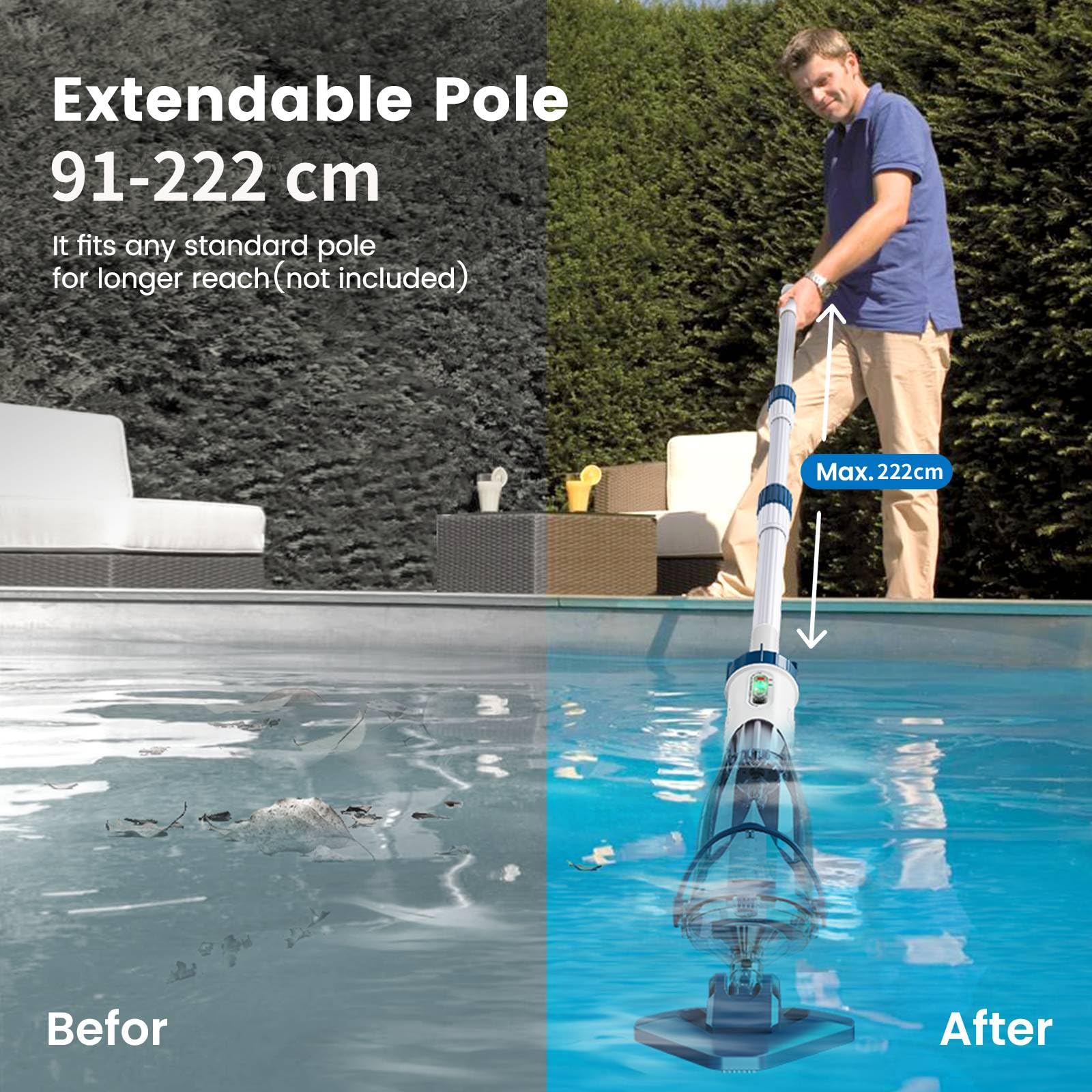 Enhulk Aspirapiscina con Batteria, Aspirapiscina con Autonomia Fino a 60min, Aspirapolvere per Piscina Include Asta Telescopica, Aspirazione 4200L/H, Ideale per Piscine Fuori Terra, SPA e Più, Blu