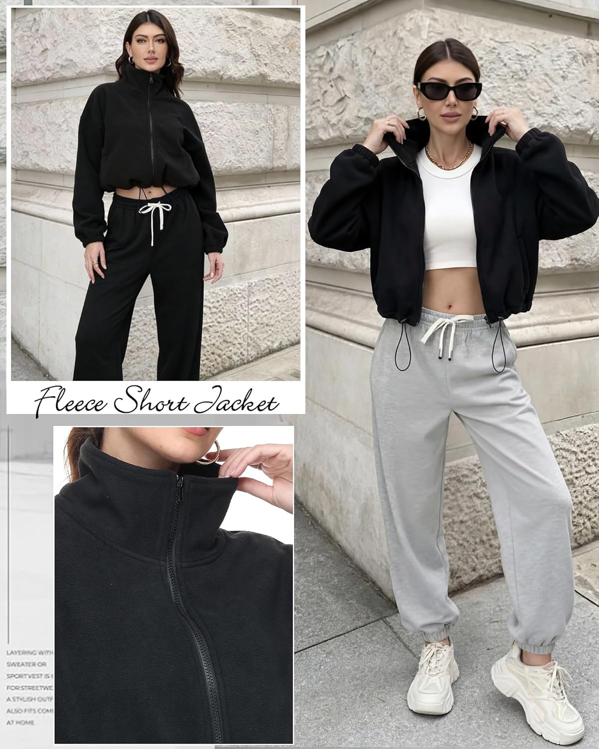 Cuffbow Women Full Zip Fleece Jacket Cropped Stand Collar Jacket Long Sleeve Sherpa Coat Drawstring Hem 2025 Winter Outfit - Image 5