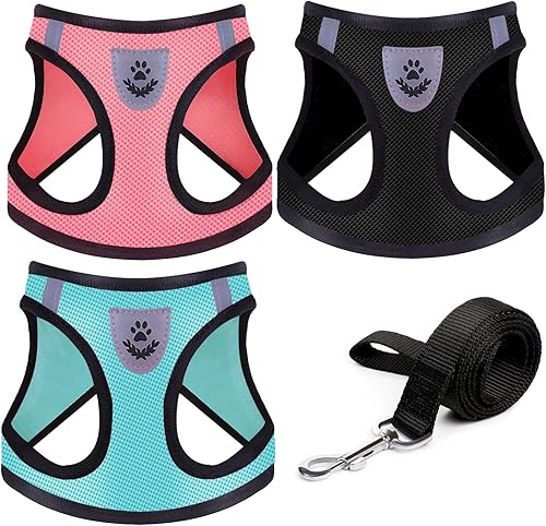 Miniatura 8 de Juego de 4 piezas de arnés y correa para perro, suave y transpirable, arnés para perro sin tirones con bandas reflectantes, arnés ajustable para