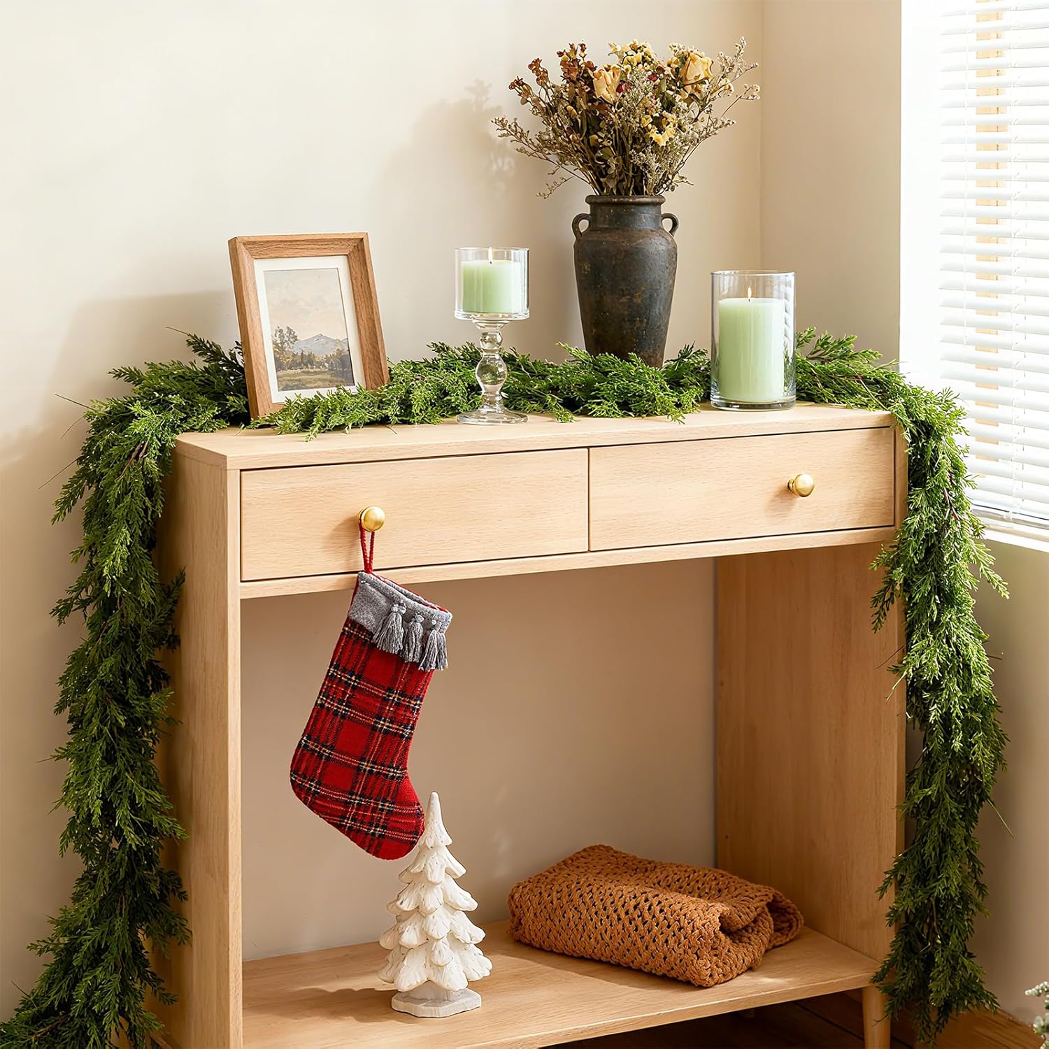 9FT Christmas Cedar Garland, 2Pcs Artificial Real Touch Realistic Greenery Christmas Pine Garland for Fireplace Mantel Table Stairs Indoor Outdoor Holiday Decoration