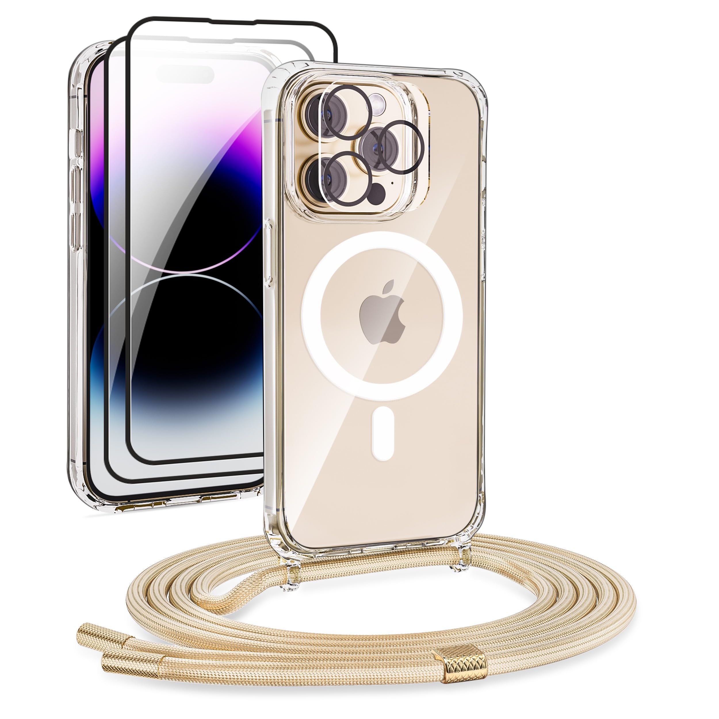 DiDaDi Handyhülle für iPhone 14 Pro Hülle mit Band & Magnet - Transparente Handykette, Abnehmbar mit 2X Panzerglas + Kameraschutz | Profi-Schutz Display & Kamera | Magnetisch Kompatibel (Gold)