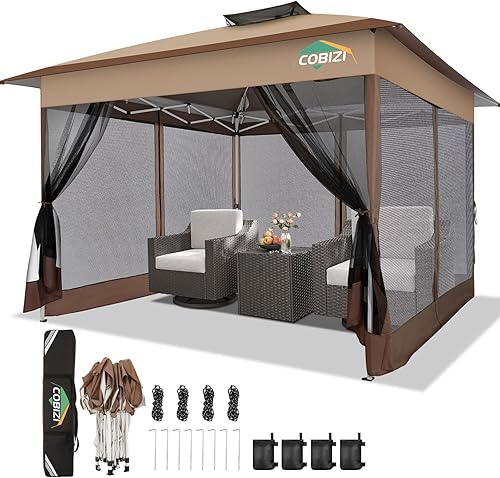 Miniatura 22 de COBIZI - Tienda desplegable de 3,66 x 3,66 metros en oferta - Cenador portátil de metal para exteriores con mosquitero, impermeable - Cenador Caqui