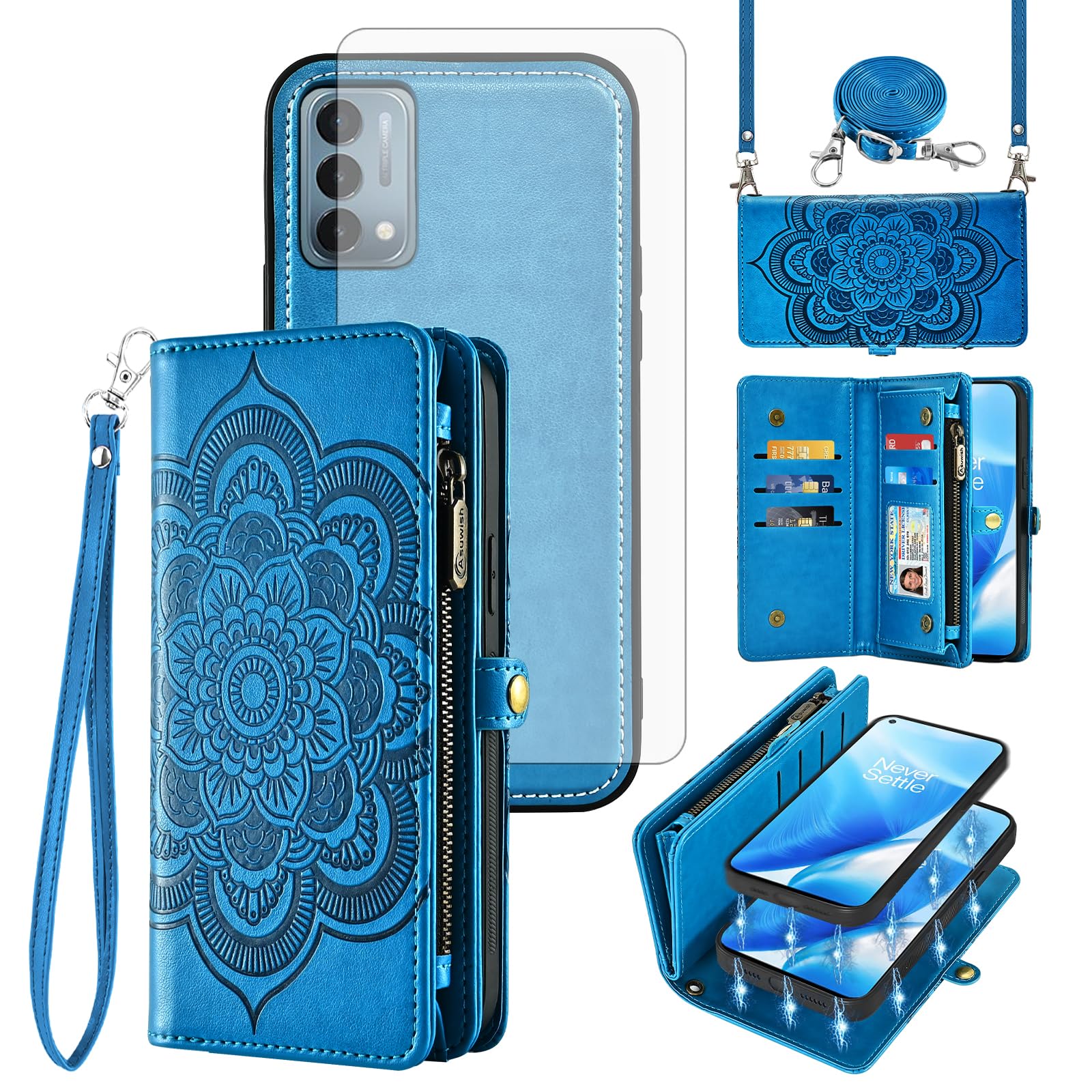 Asuwish Phone Case for OnePlus Nord N200 5G Zipper Wallet Detachable Cell Cover with Screen Protector Strap Flower Card Holder One Plus N 200 G5 1