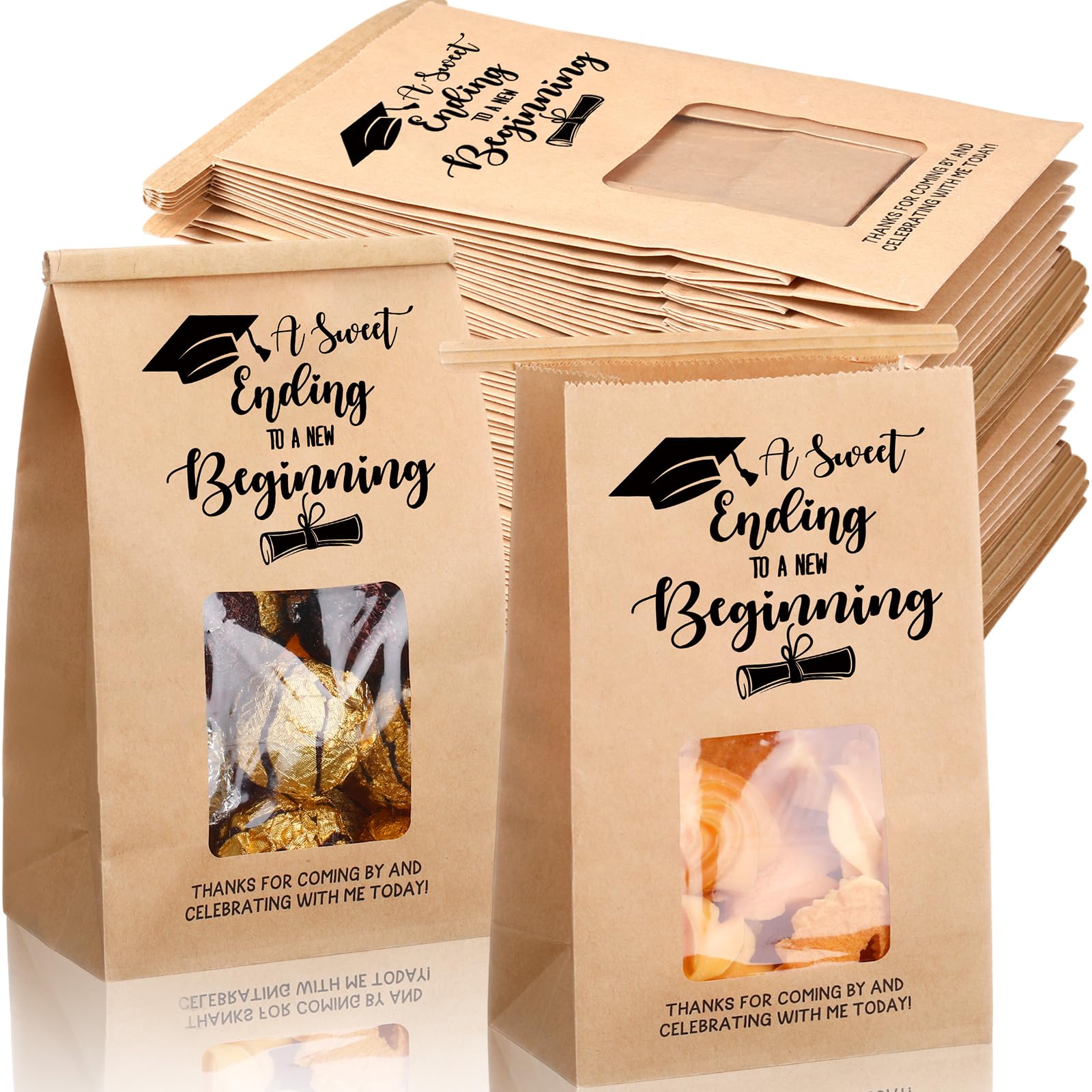 AmazingSpark 120 Pcs 2025 Graduation Bakery Bags with Window, 4 x 2. 36 x 6. 7 Inch Congrats Grad Kraft Paper Bags for Cookies Iron Wire Tie Tab for