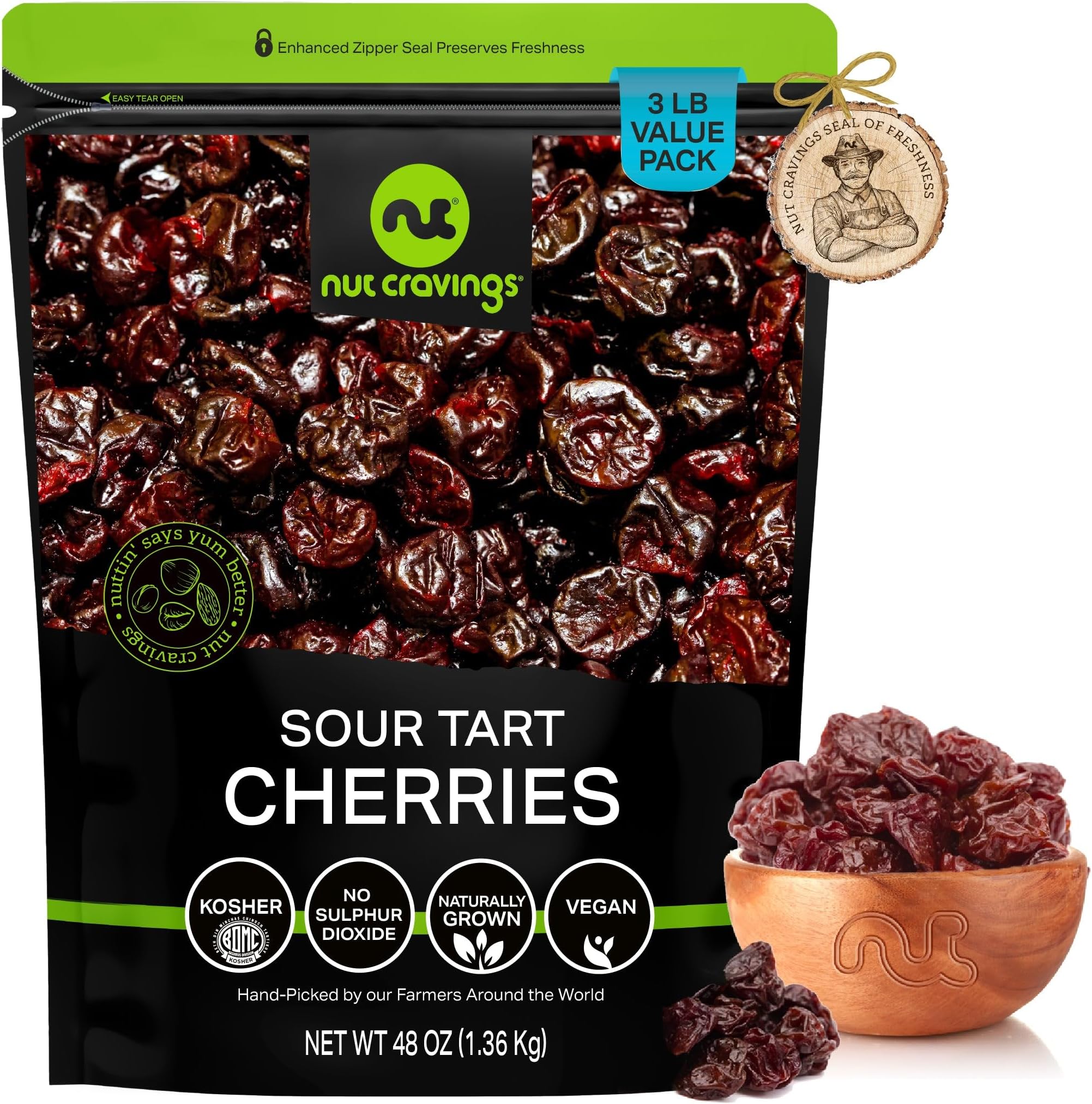 NUT CRAVINGS - Dried Sour Tart Cherries, Lightly Sweetened, Unsulphured (48oz, 3 LB) Sweet Healthy Snack, Vegan, Kosher, Resealable Bag