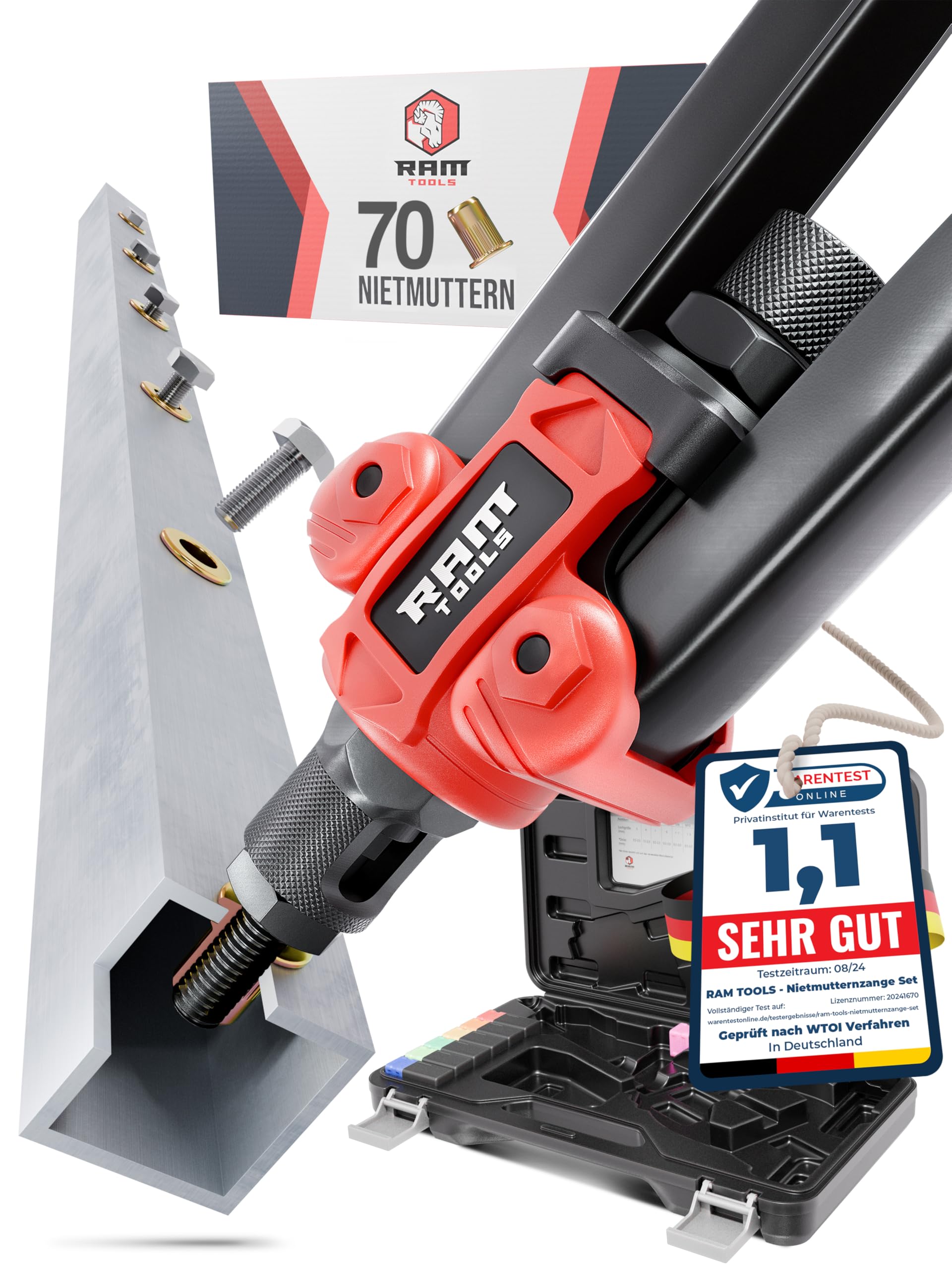 RAM TOOLS® Nietmutternzange, Nietzange Set inkl. 70 Nietmuttern, MIT Bohrloch/-größentabelle, Dorne in M3 M4 M5 M6 M8 M10 M12, Profi Blindnietmutternzange