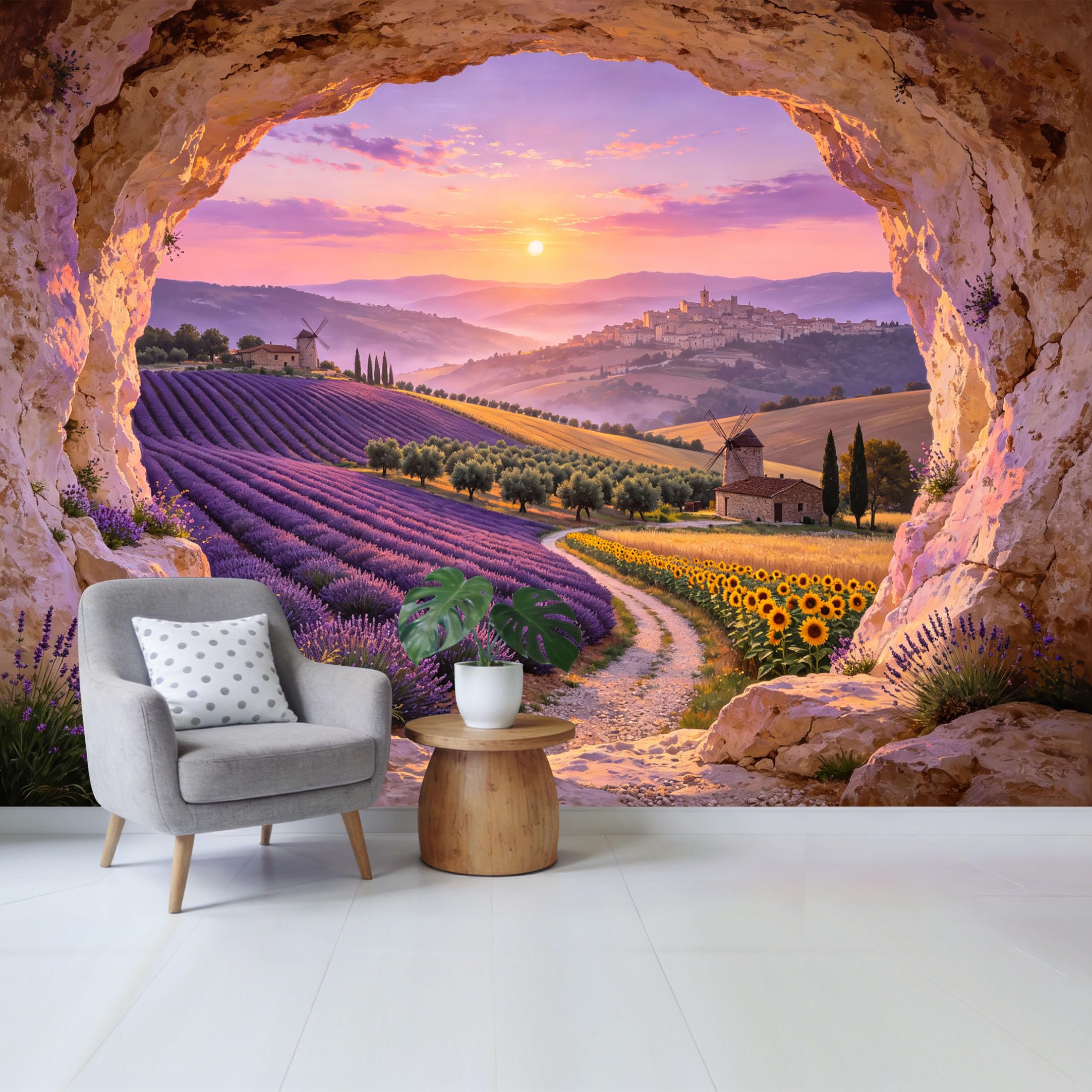 Custom Size Wall Mural Lavender Field Sunset Landscape Windmill Countryside View Removable Self Adhesive Fabric Home Wall Decor for Living Room Bedroom Bathroom