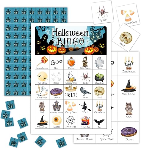 Tarjetas de juegos de fiesta de bingo de Halloween con 24 jugadores, juegos de fiesta de Halloween para niños, escuela, aula, suministros de fiesta,