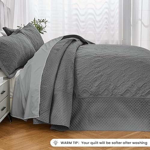 Miniatura 6 de Qucover Juego de edredón tamaño King de gran tamaño, color gris oscuro, acolchado ultrasónico de microfibra suave, edredón de gran tamaño King,