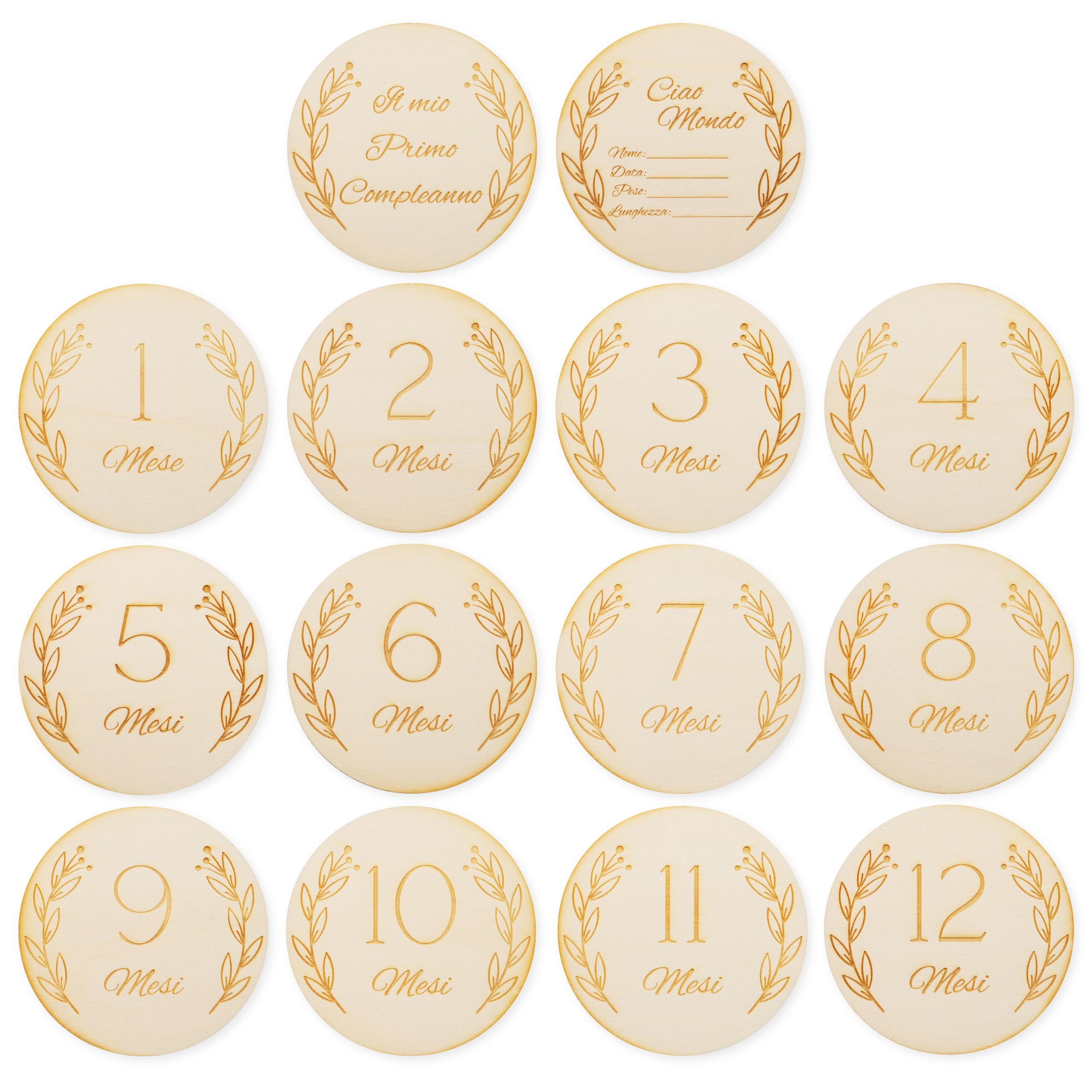 Photo card in legno per traguardi mensili, dischi mensili in legno per neonati, targhette per traguardi mensili 12 mesi, Hello World, regalo perfetto per futuri genitori, 14 pezzi, Molte Lingue
