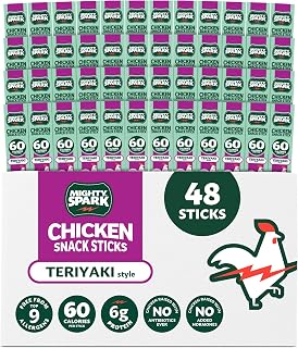 Mighty Spark Chicken Snack Sticks, Teriyaki, 48 Count | 6g of Protein, No Antibiotics, No Hormones, Gluten Free, Soy Free Meat Sticks - Keto Snacks, Weight Watchers Approved